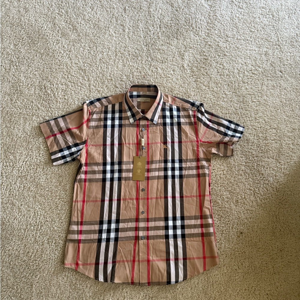 Burberry Beige and Black Plaid Button Down Shirt